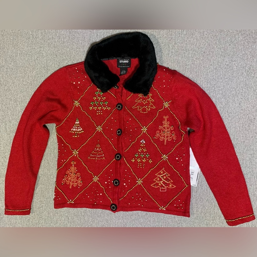 Vintage Red Christmas Cardigan Sweater Beaded Faux Fur Collar Size Petite Small
